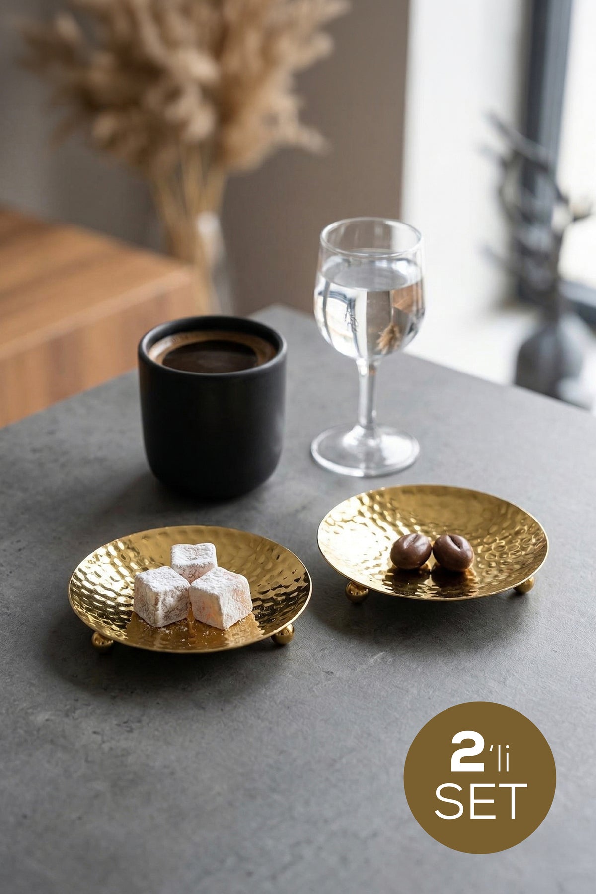 2'li Gold Renk Metal Mini Lokumluk - Dövme Desenli Sunum Tabağı