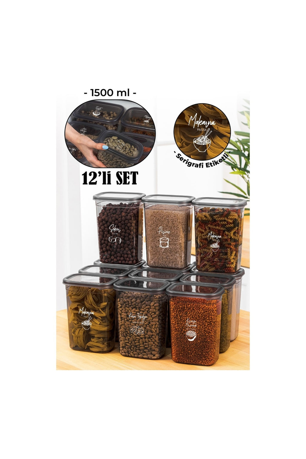 Beyaz Serigrafi Etiketli 12li Peggy Dikdörtgen Saklama Kabı Seti 1500 Ml Antrasit