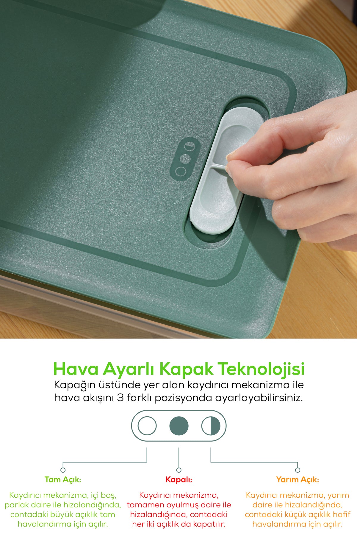 3'lü Ayarlı Sebze Ve Meyve Saklama Kabı Seti Yeşil 1x(2,5-3,8-5 LİTRE)