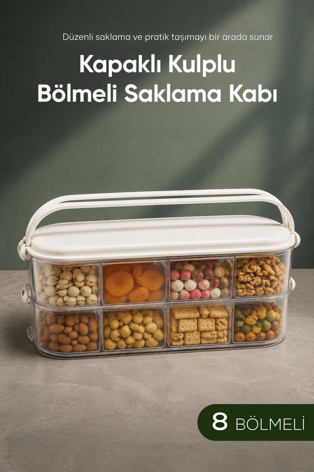Kapaklı Kulplu 2 Katlı Şeffaf Saklama Kabı Çok Bölmeli Taşınabilir Organizer Kutusu