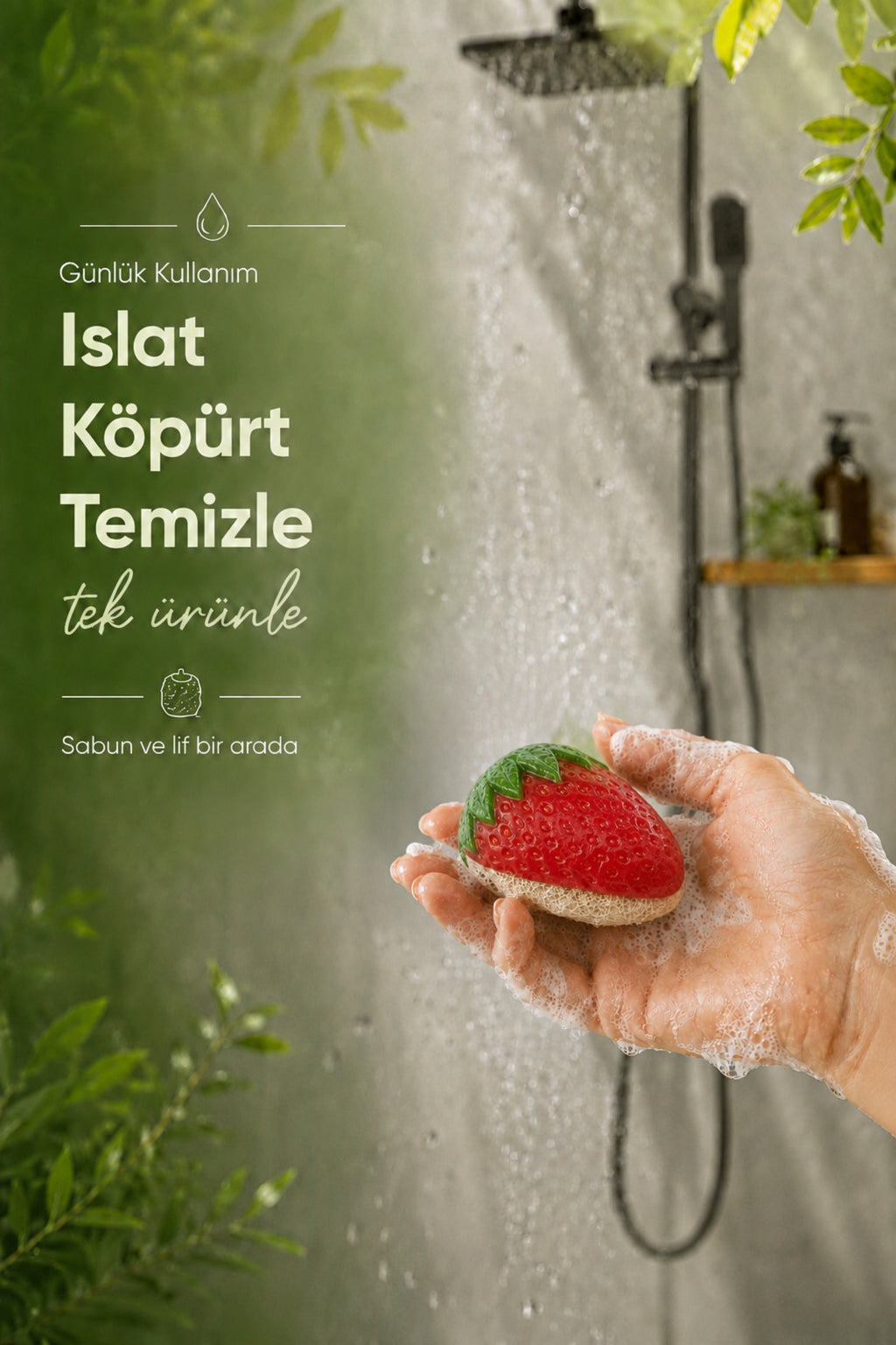 Çilek Şekilli Kabak Lifli Sabun 8,5x7x4,8 cm Peeling Etkili Asılabilir Dekoratif Banyo El Sabunu