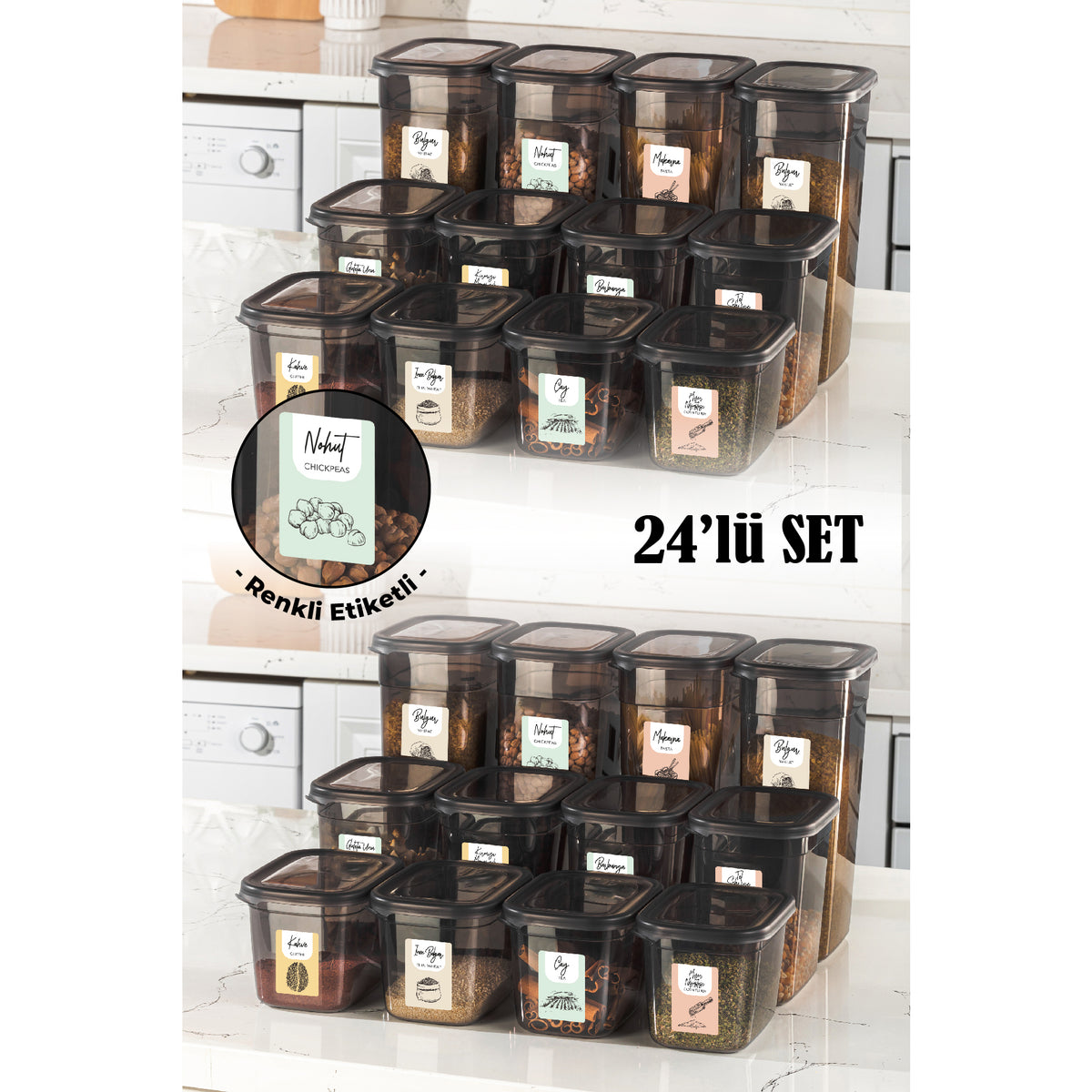 Renkli Etiketli 24lü Set Peggy Dikdörtgen Saklama Kabı 8x(1,3-2-3,2 Litre) Antrasit