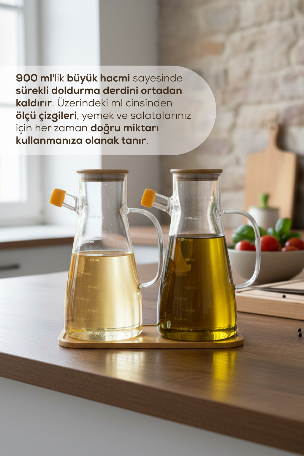 2'li Ahşap Standlı ve Kapaklı Cam Yağdanlık 900 ml