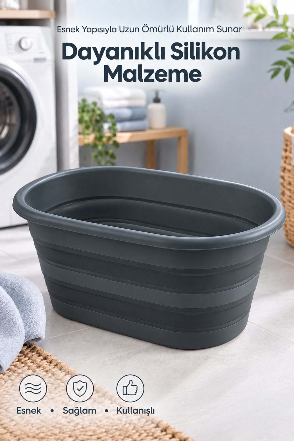 25 Litre Antrasit Katlanabilir Çamaşır Sepeti 54,5x38 cm Geniş Hacimli Pratik Ev Tipi Sepet