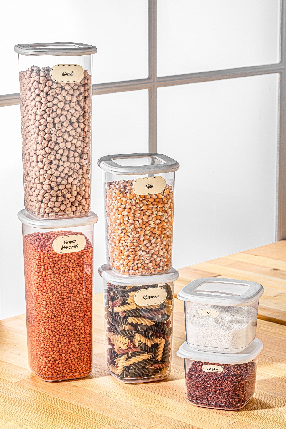 Etiketli Kare Erzak Saklama Kabı 6'lı Set 2x(0,55 Litre, 1,2 Litre, 1,75 Litre) Beyaz