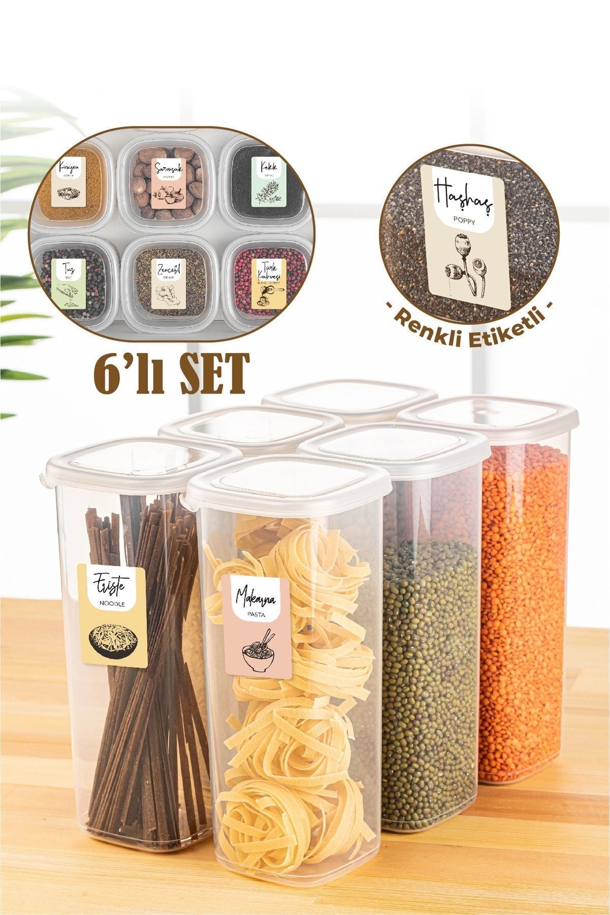 Renkli Etiketli 6lı 1,75 Litre Peggy Kare Erzak Saklama Kabı Beyaz