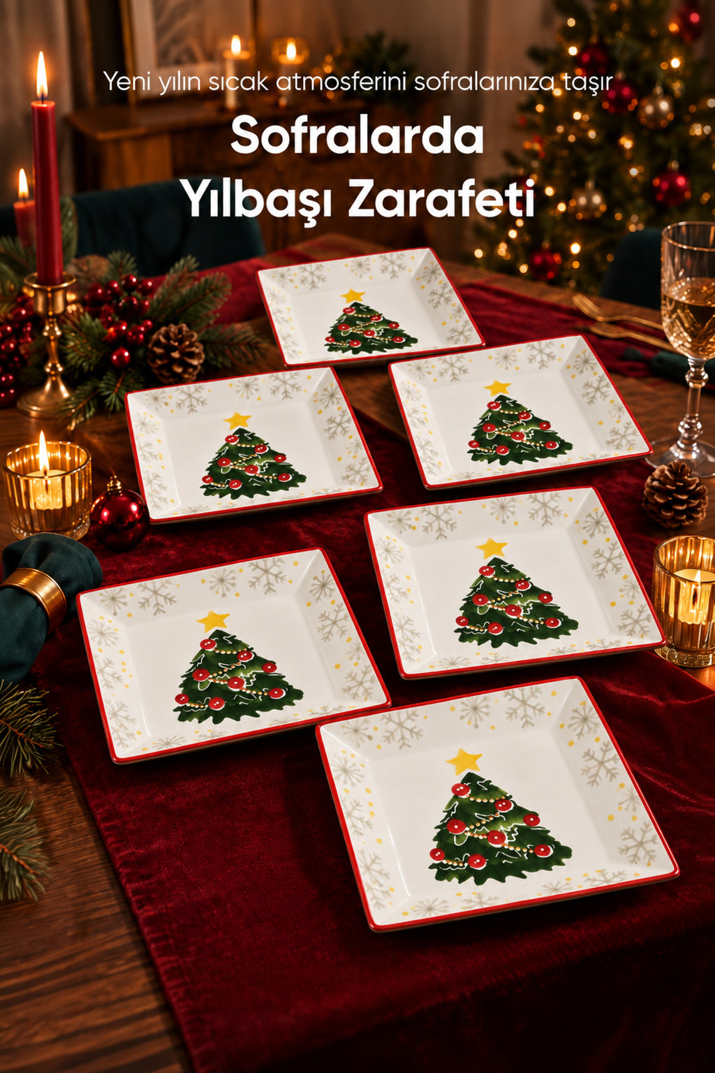 6'lı Süslü Çam Ağacı Desenli Kare Servis Tabağı 24 cm Tatlı Sunum Servis Tabağı 6 Kişilik