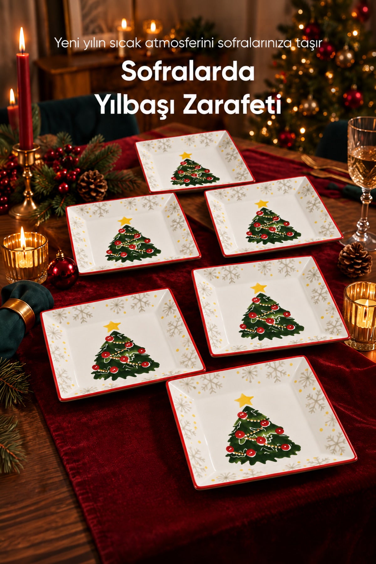 6'lı Süslü Çam Ağacı Desenli Kare Servis Tabağı 24 cm Tatlı Sunum Servis Tabağı 6 Kişilik