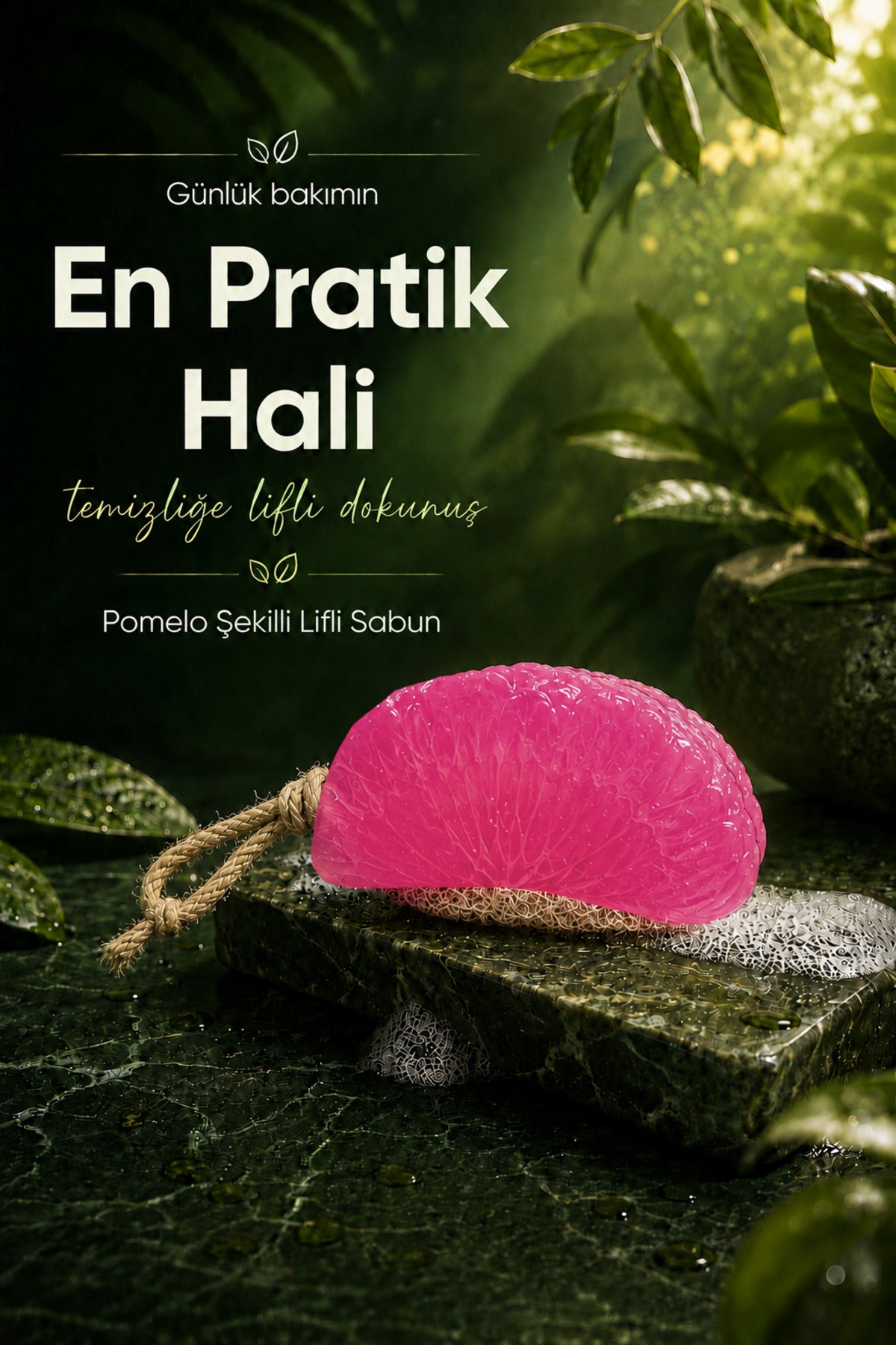 Pembe Pomelo Dilimi Şekilli Lifli Katı Sabun 10x6x4 cm Peeling Etkili Asılabilir Dekoratif Banyo El Sabunu