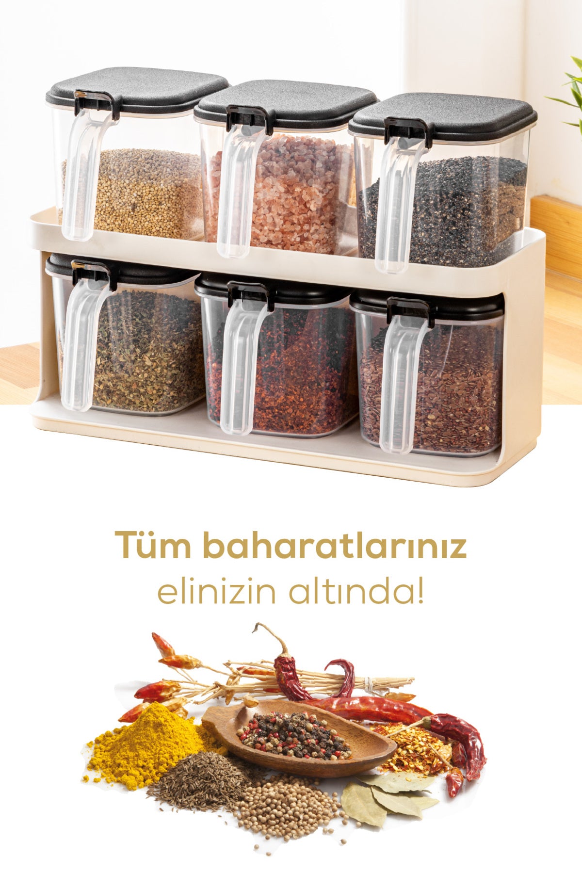 6'lı Beyaz Standlı Kaşıklı Etiketli Kendinden Yapışkanlı Baharatlık Seti Beyaz