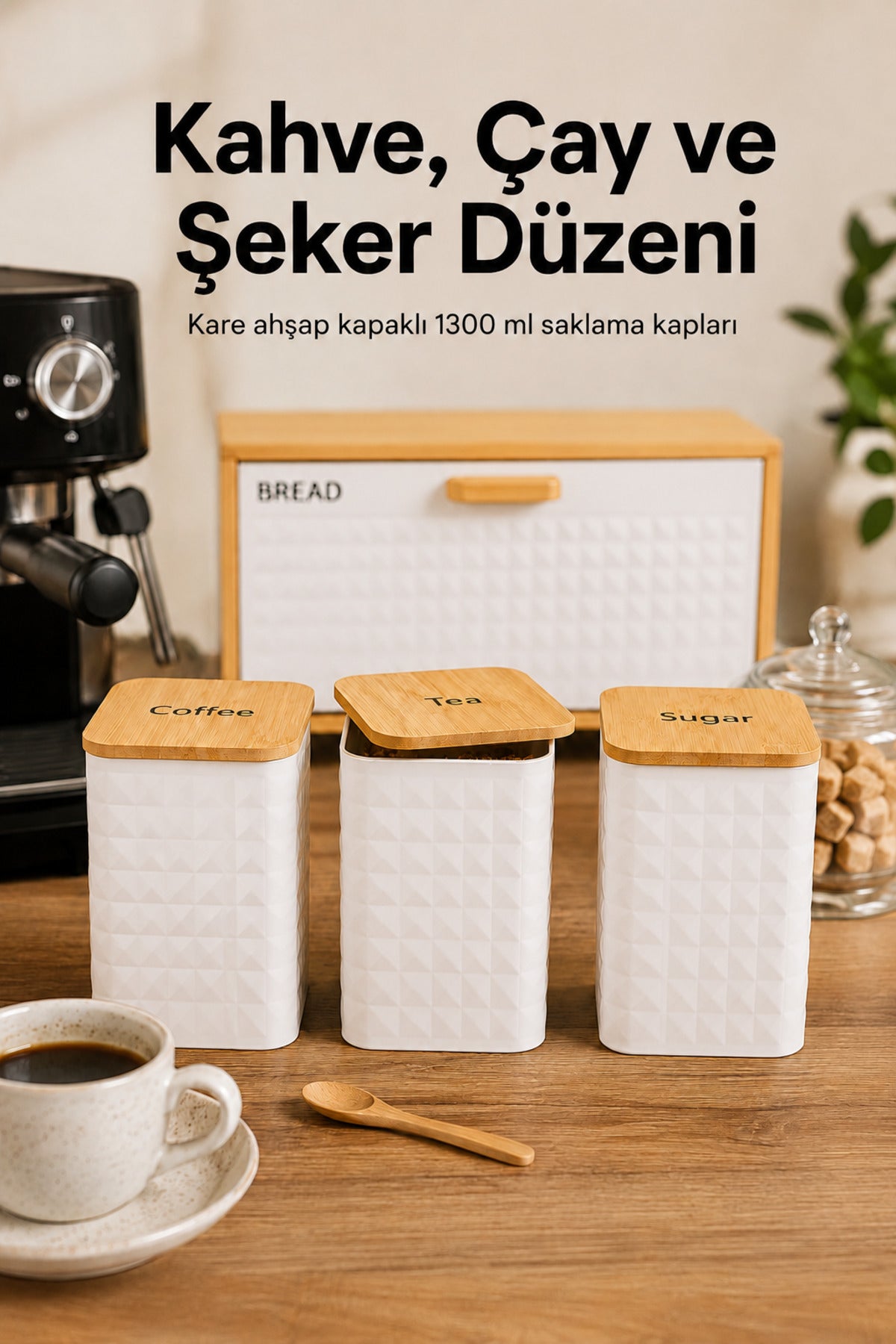 Ayaklı Ahşap Ekmek Dolabı Ve 3lü Beyaz Metal Kare Çay Kahve Şeker Saklama Kabı