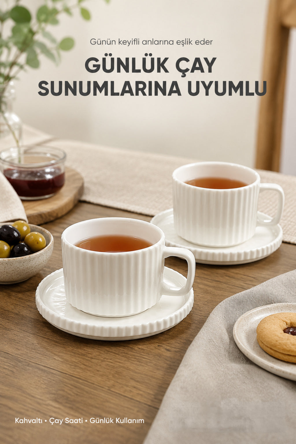 2 Kişilik Çizgili Beyaz Porselen Çay Fincanı Seti 220 ml Tabaklı Şık Çay Fincan Takımı