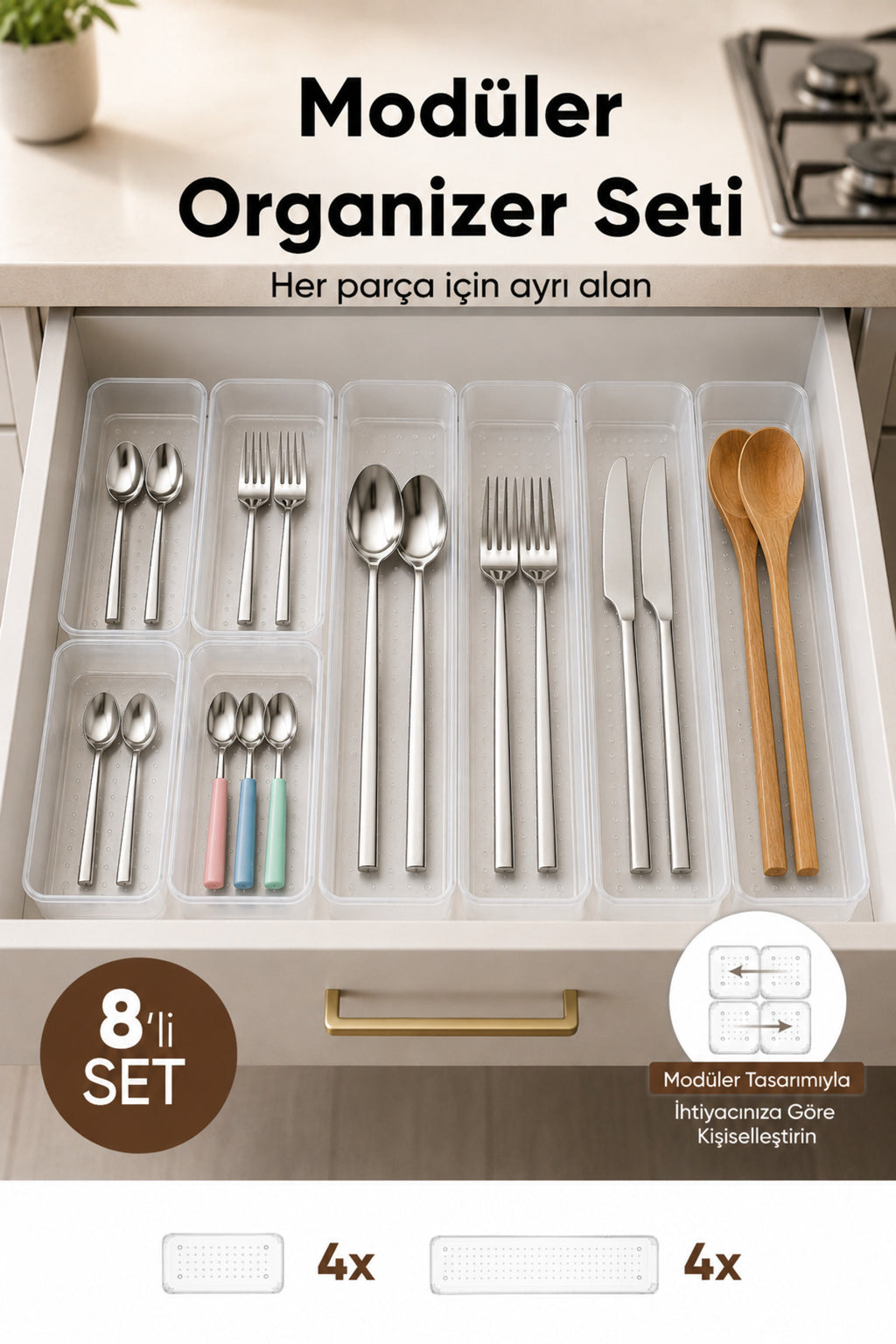 8'li Modüler Şeffaf Kaşıklık Seti Çekmece İçi Mutfak Çatal Kaşık Bıçak Düzenleyici Organizer (4F4C)
