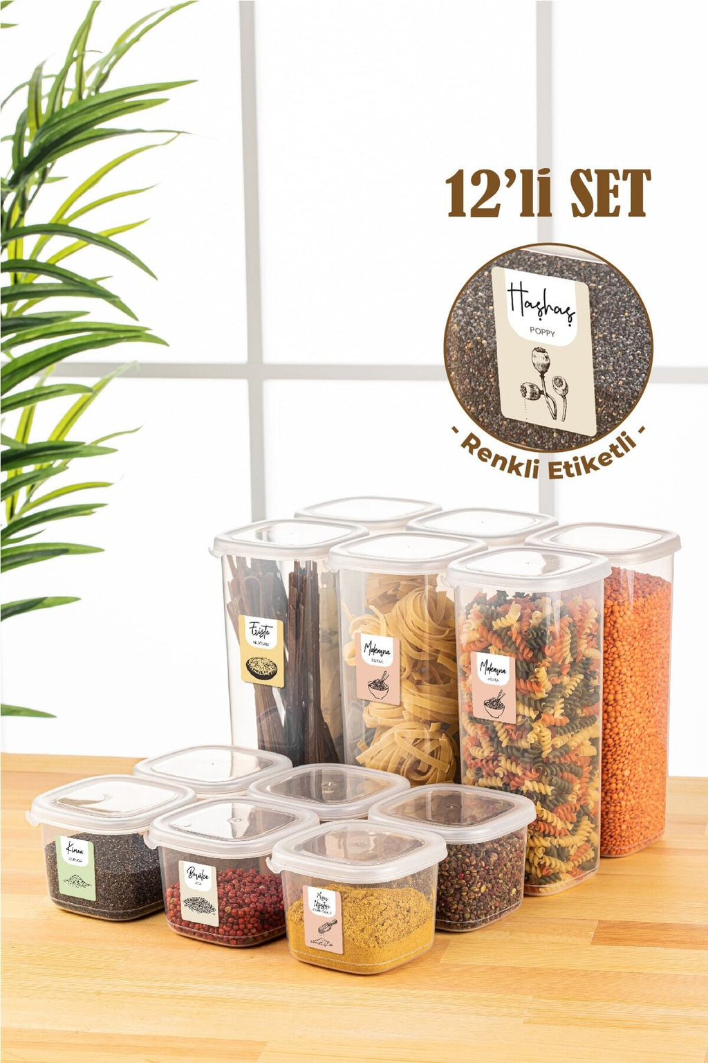Renkli Etiketli 12li Peggy Kare Erzak Saklama Kabı 6x(0,55 Litre, 1,75 Litre) Beyaz