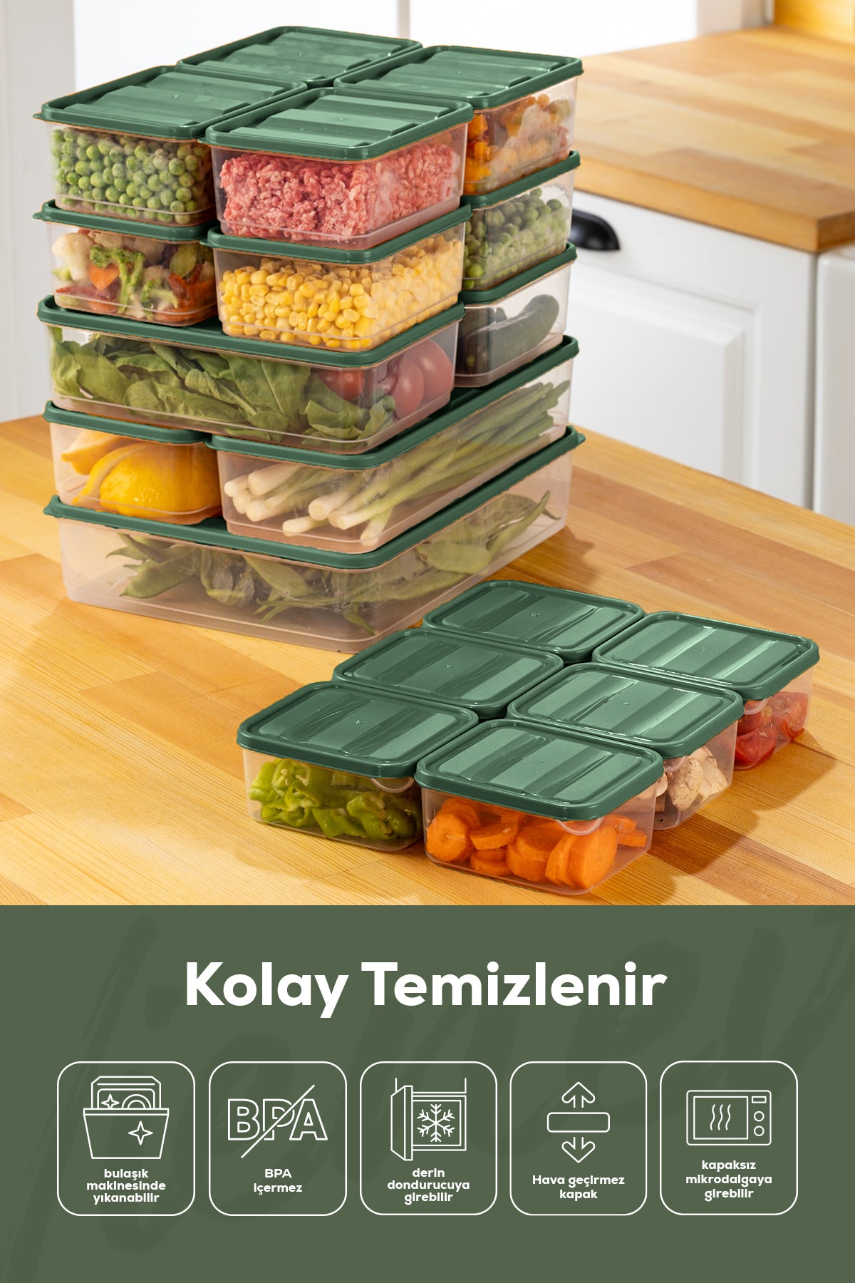19'lu Buzdolabı Düzenleyici Organizer Mikrodalgaya Uygun Difriz Saklama Kabı Yeşil