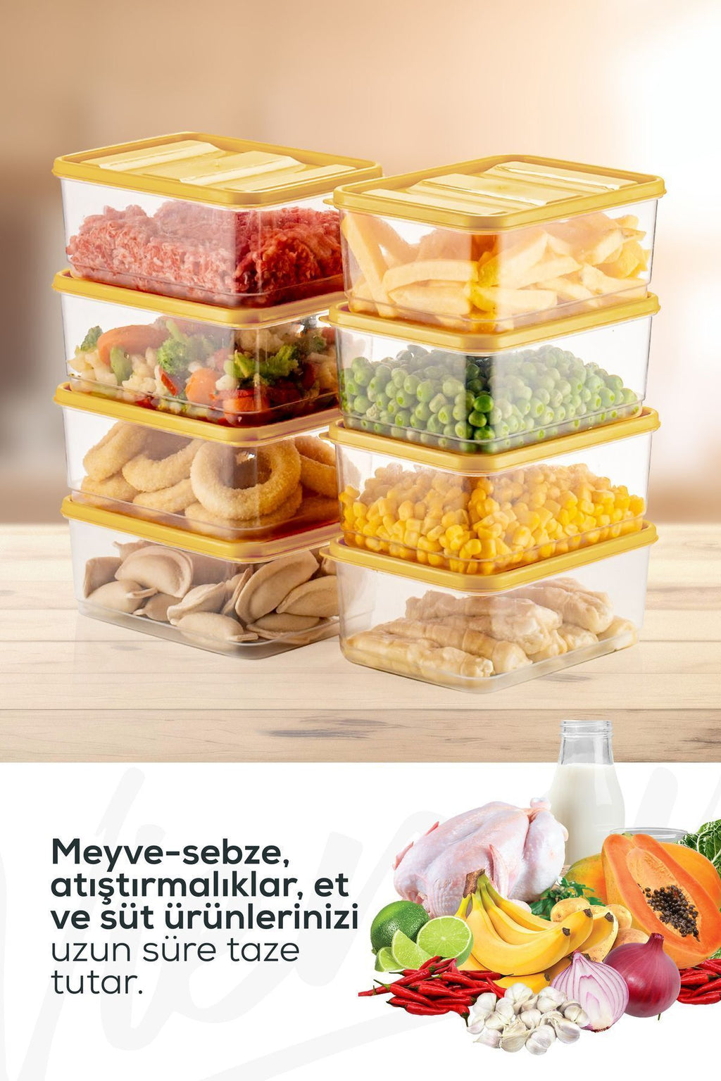 8'li Buzdolabı Düzenleyici Organizer Mikrodalgaya Uygun Difriz Saklama Kabı Sarı