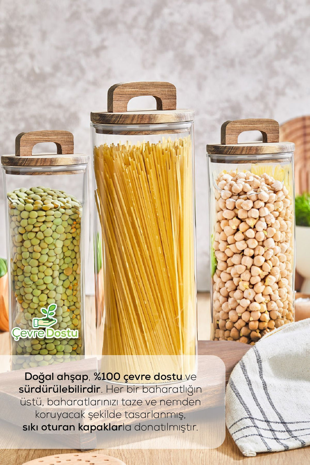 3'lü 1800 ml Ahşap Kapaklı Tutacaklı Kavanoz