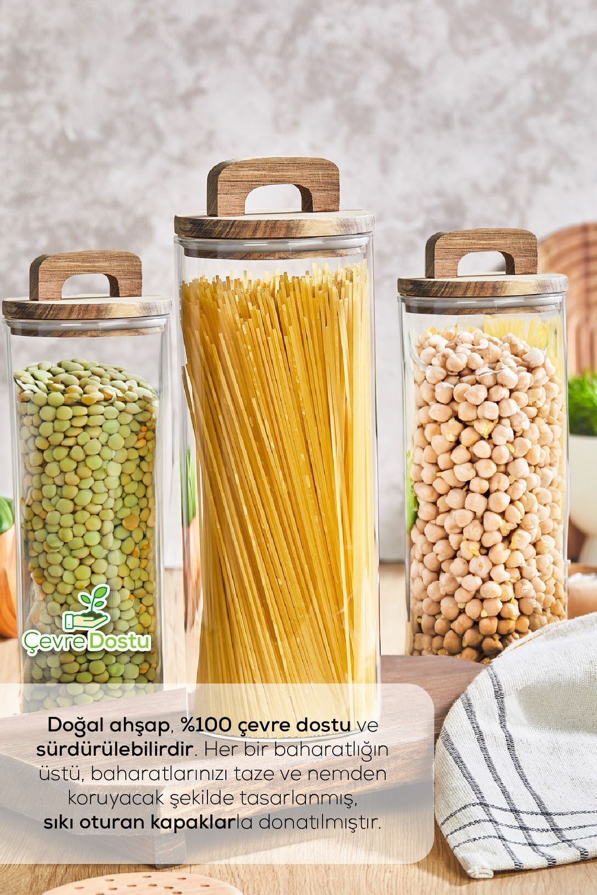 3'lü 1800 ml Ahşap Kapaklı Tutacaklı Kavanoz