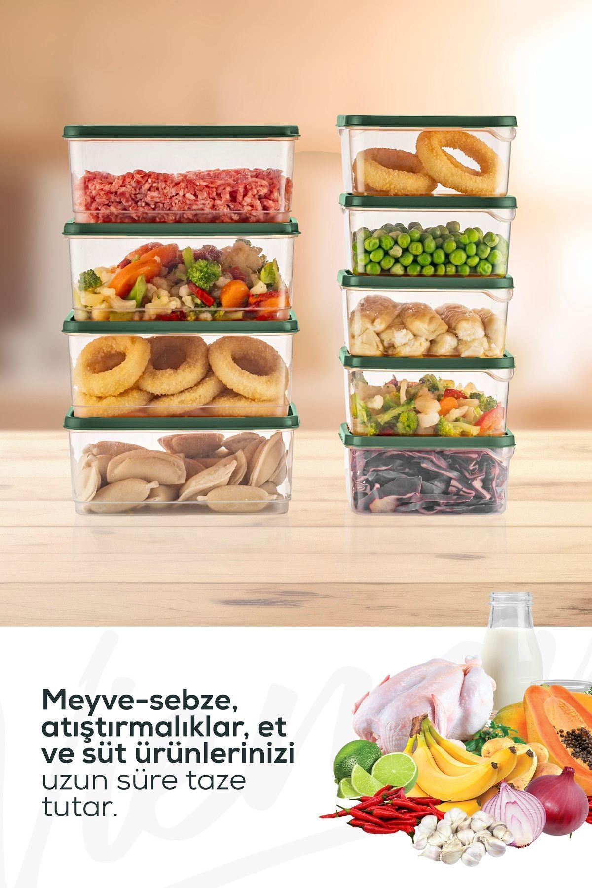 10'lu Buzdolabı Düzenleyici Organizer Mikrodalgaya Uygun Difriz Saklama Kabı Yeşil