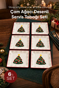 6'lı Süslü Çam Ağacı Desenli Kare Servis Tabağı 24 cm Tatlı Sunum Servis Tabağı 6 Kişilik