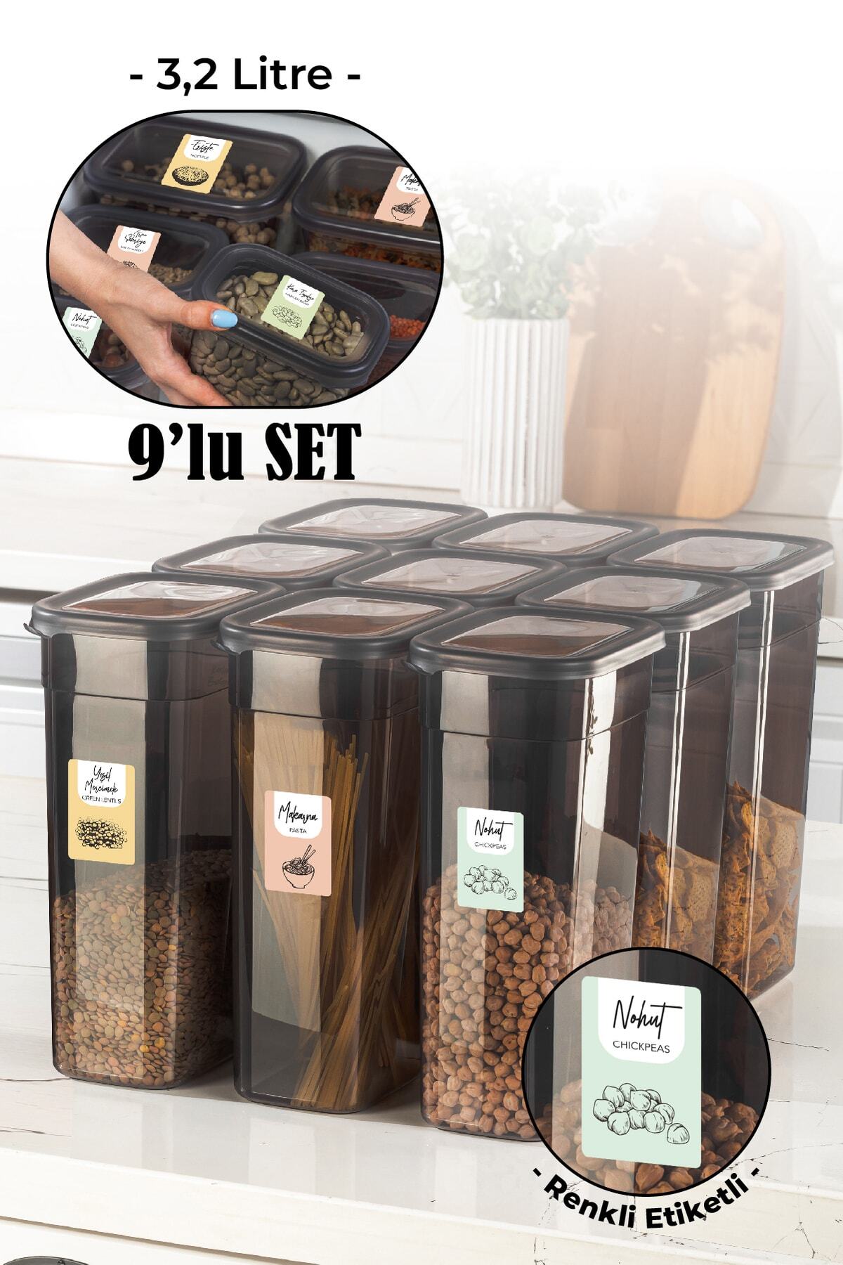 Renkli Etiketli 9lu Set Peggy Dikdörtgen Saklama Kabı 3,2 Litre Antrasit