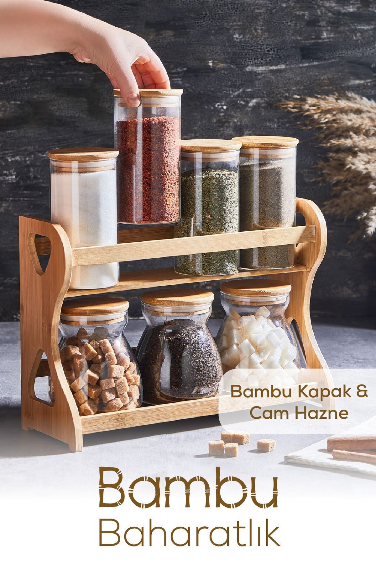 Bambu 7'li Cam Baharatlık Standlı