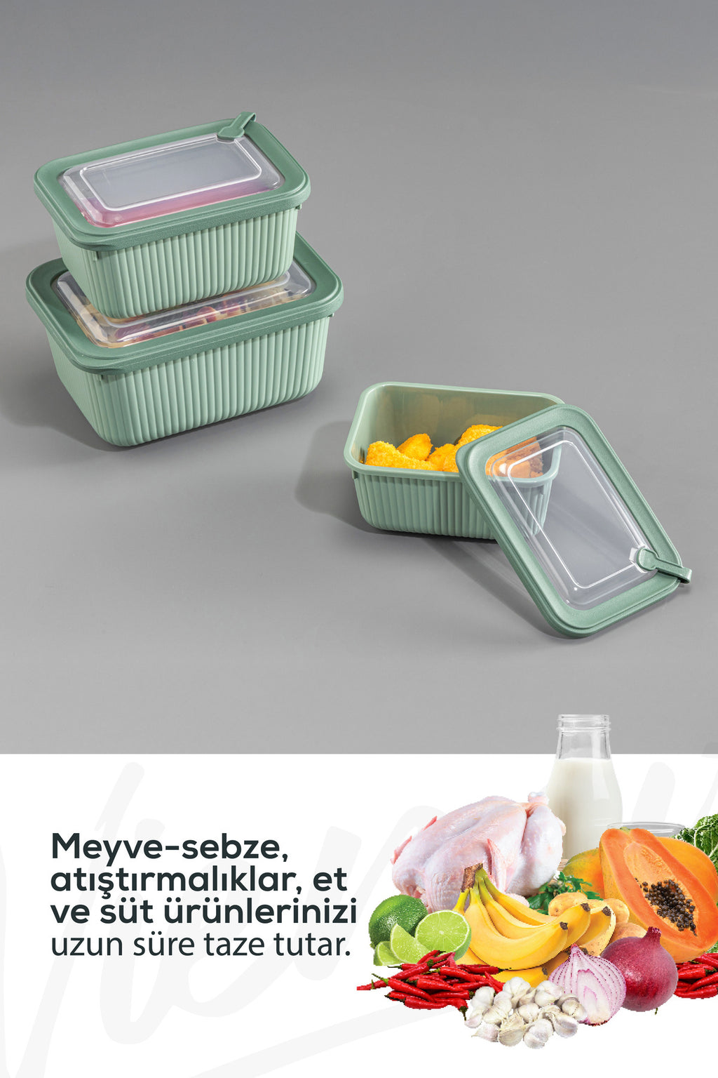 9'lu Vip Dikdörtgen Mikrodalga Ve Difrize Uygun Saklama Kabı Seti Yeşil 3x(1750,1050,600 ml)