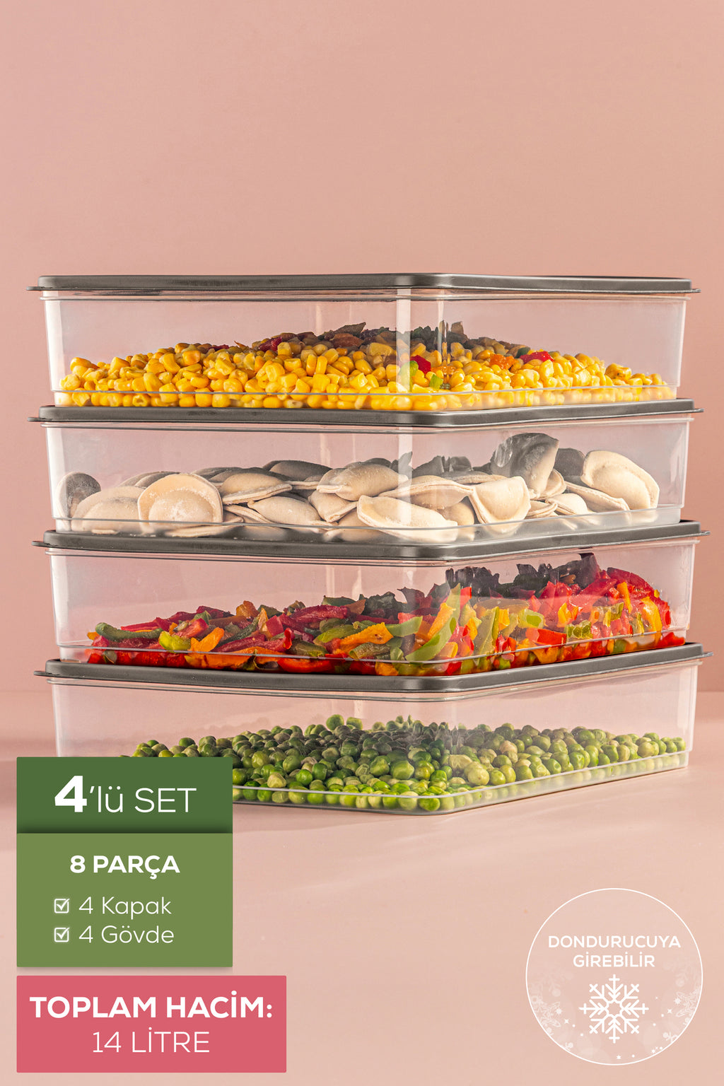 4'lü 3,5 Litre Buzdolabı Düzenleyici Organizer Mikrodalgaya Uygun Difriz Saklama Kabı Gri