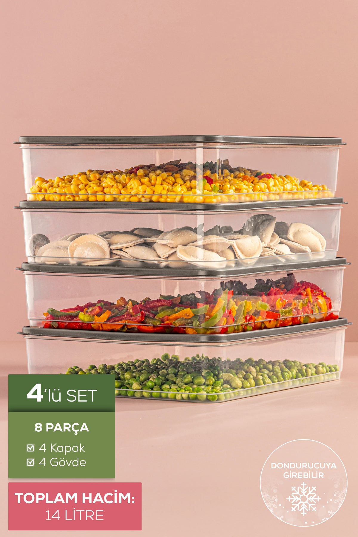4'lü 3,5 Litre Buzdolabı Düzenleyici Organizer Mikrodalgaya Uygun Difriz Saklama Kabı Gri