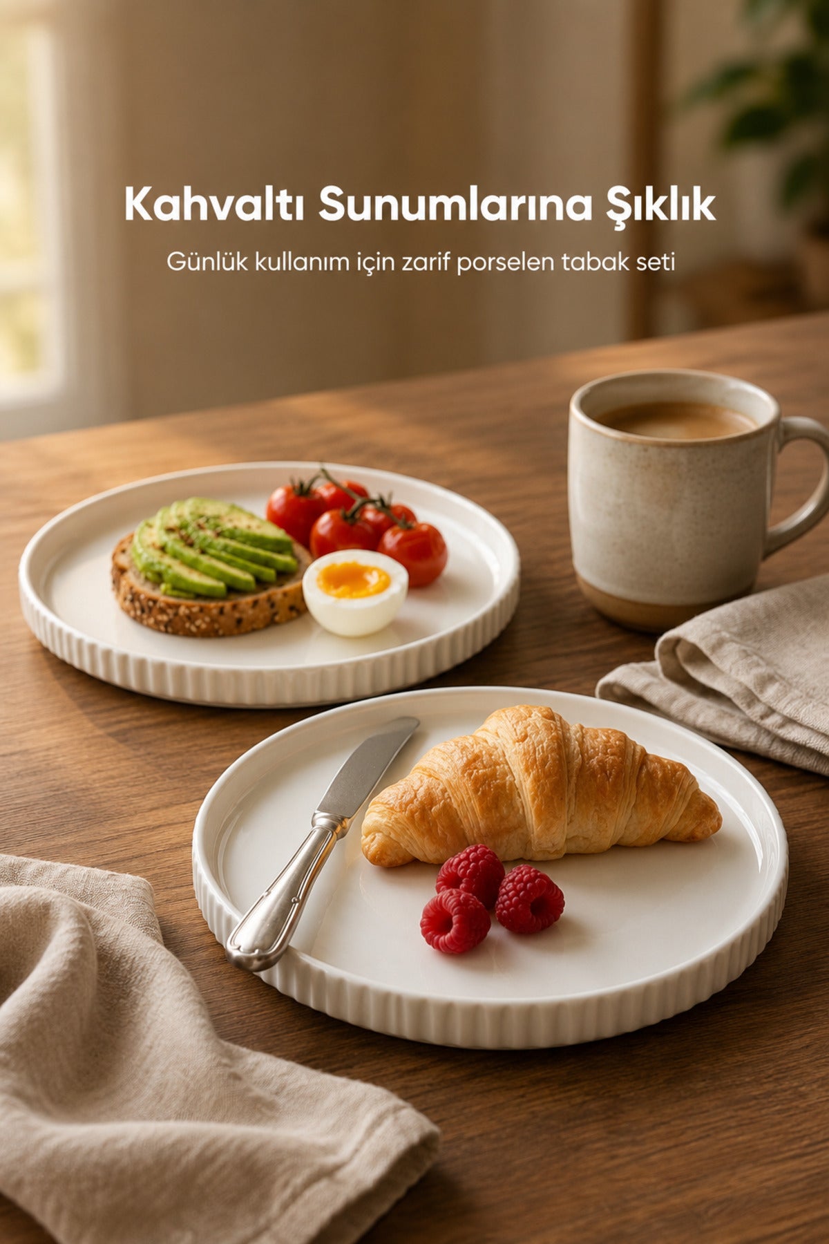 2 Parça 20 cm Porselen Servis Tabağı Seti - Modern Çizgili Yuvarlak Sunum Tabağı