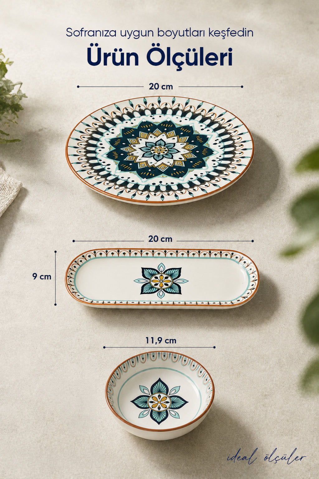 Safir Desenli 14 Parça 6 Kişilik Seramik Kahvaltı Takımı Servis Sunum Tabaklı Dekoratif Sofra Seti