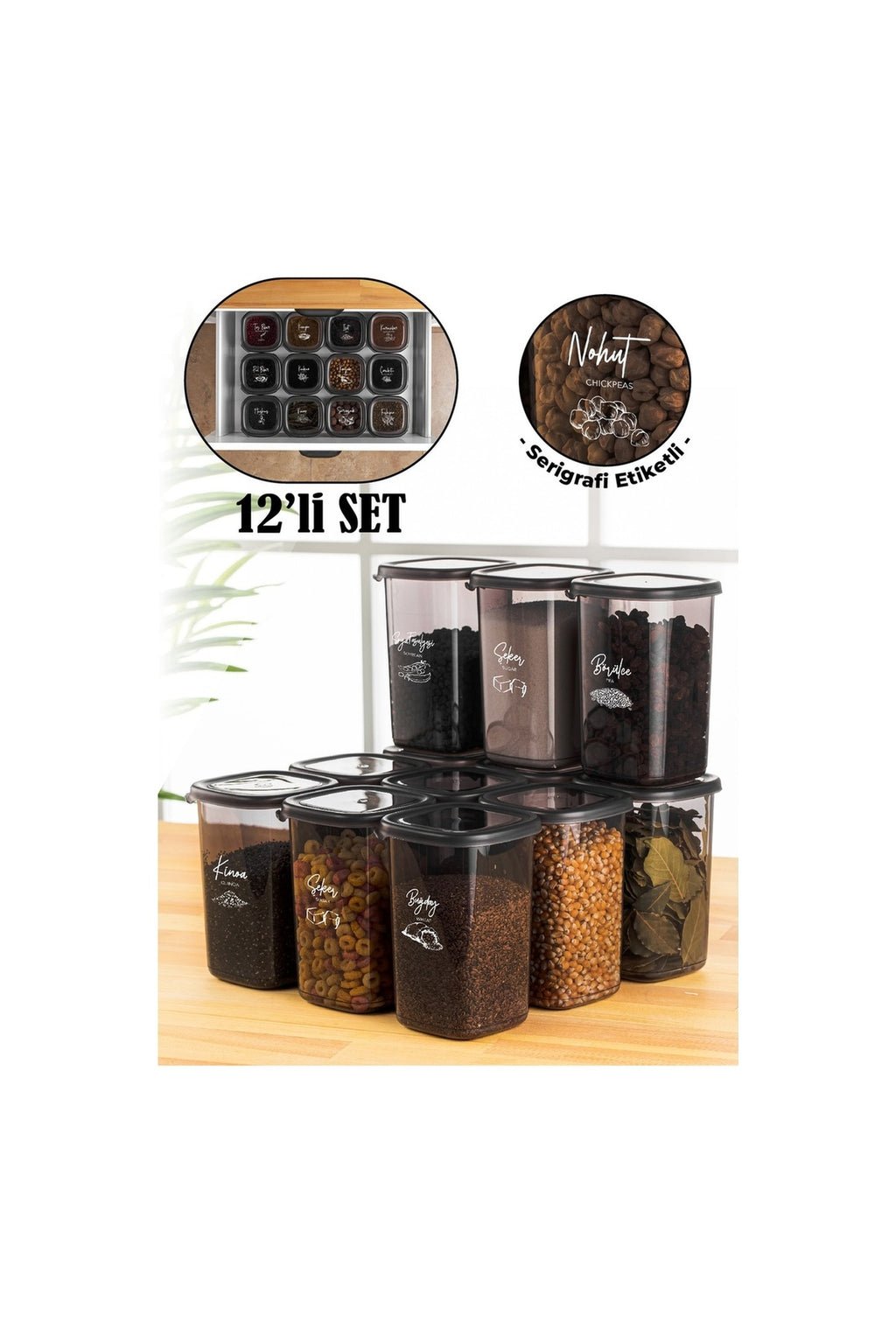Beyaz Serigrafi Etiketli 12'li Set 1,2 Litre Peggy Kare Erzak Saklama Kabı Antrasit