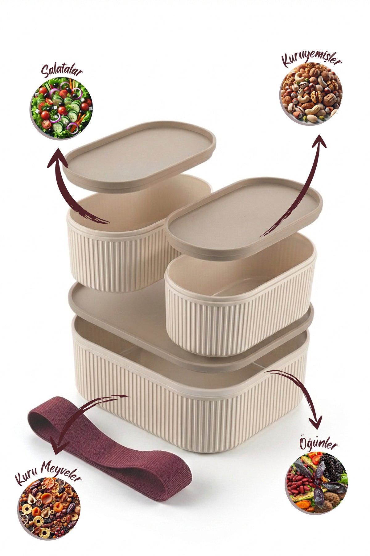 3'lü Elastik Bantlı İstiflenebilir Pratik Saklama Kabı Seti 2x(1100 ml) 1x(2600 ml) Bej