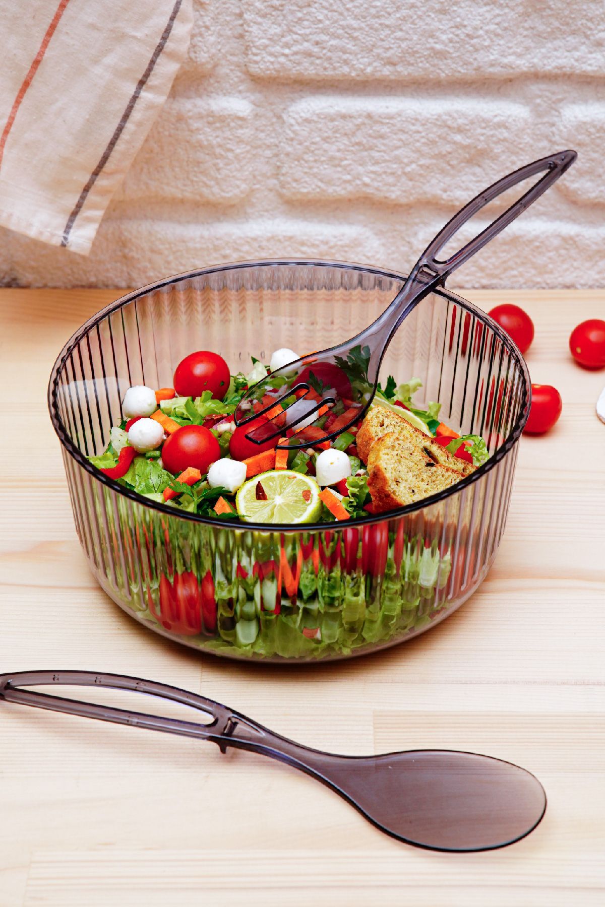 Akrilik Yuvarlak Kaşıklı Salata Kasesi 23 Cm Servis Sunum Tabağı Antrasit