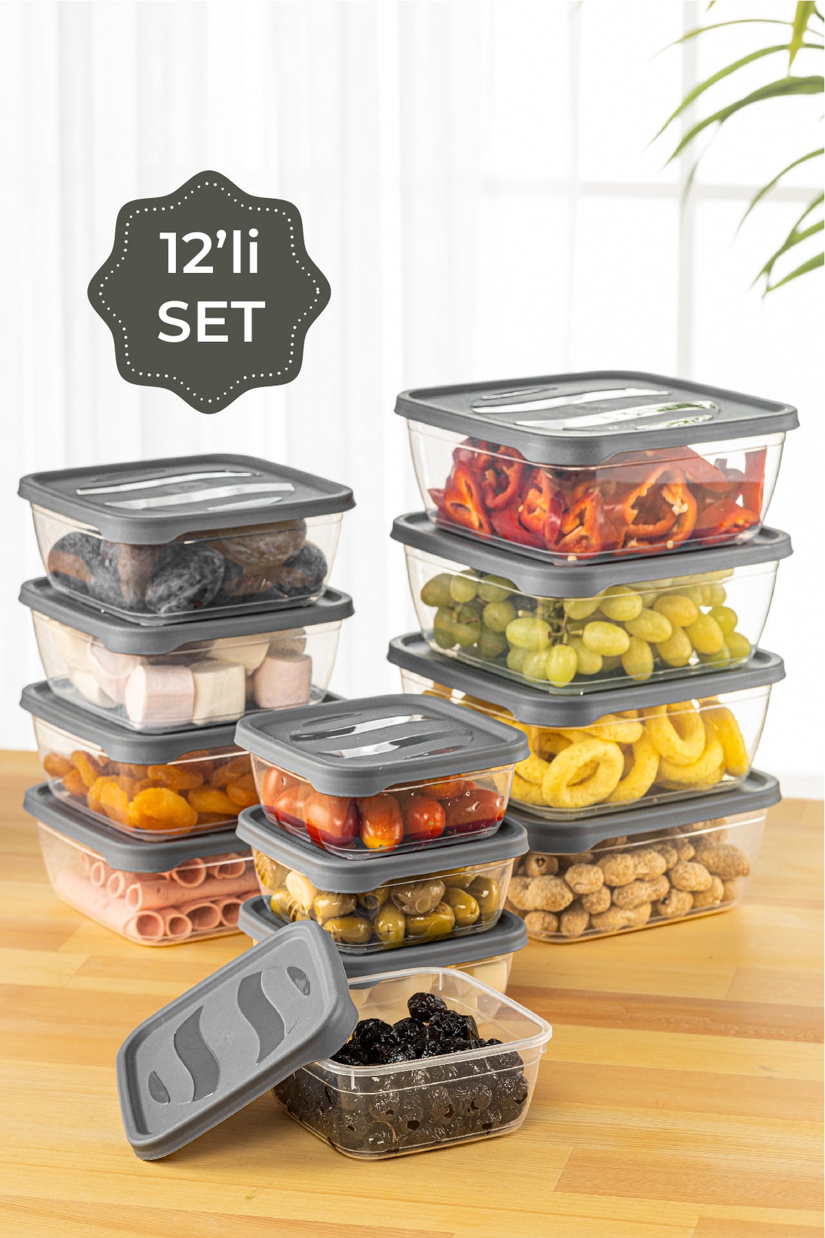 12'li Kare Mikrodalga Içi Saklama Kabı Seti-sebze Meyve Et Saklama Kabı 4x(500-1000-1600 ML)antrasit