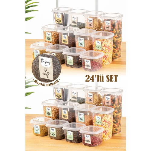 Renkli Etiketli 24lü Peggy Kare Erzak Saklama Kabı 8x(0,55 Litre, 1,2 Litre, 1,75 Litre) Beyaz