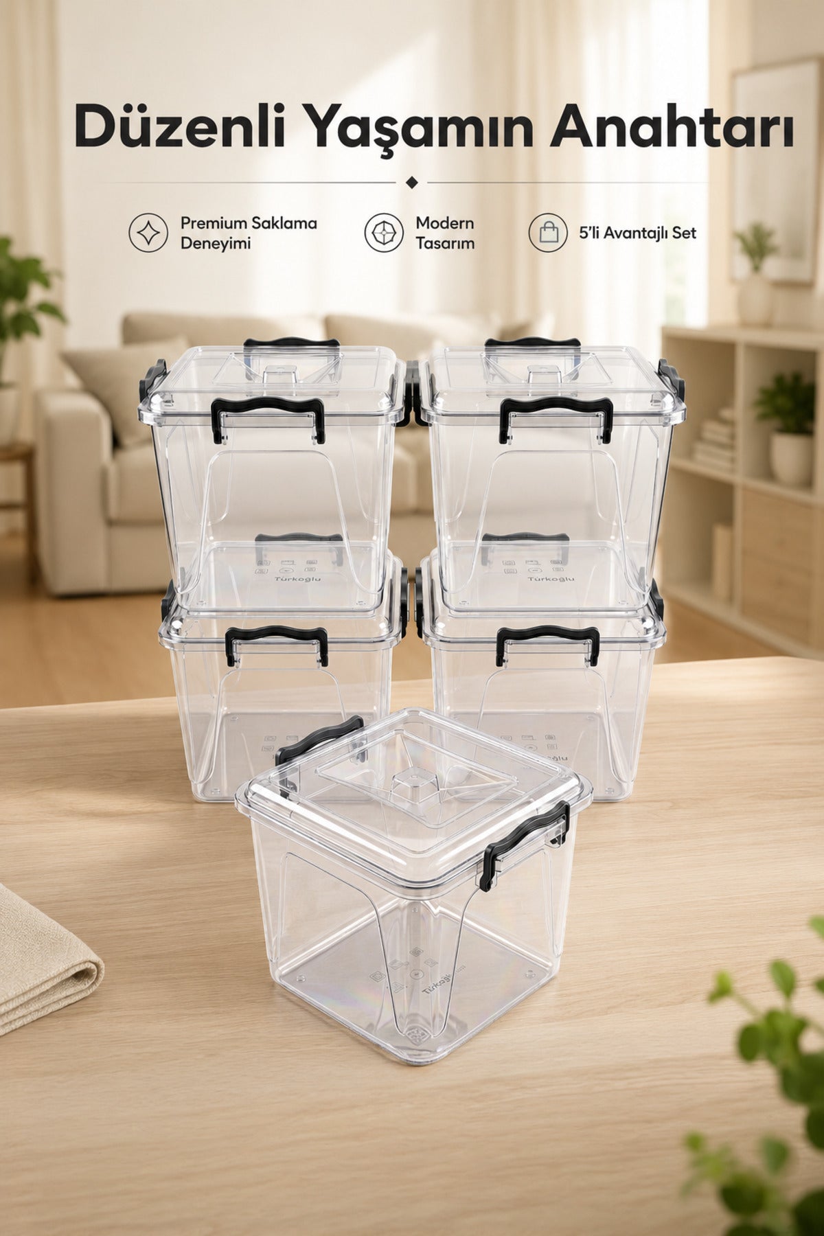 8.5 Lt Şeffaf Plastik Erzak Saklama Kabı 5'li Set - Kapaklı Kilitli Çok Amaçlı Düzenleyici