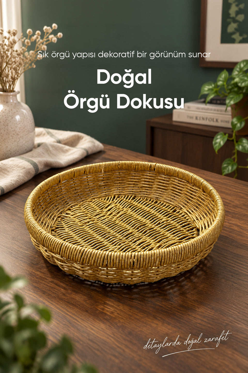 Yuvarlak Hasır Sepet Dekoratif Örgü Servis Sunum Ekmek Meyve Sepeti 31 cm Doğal Kahverengi Tasarım
