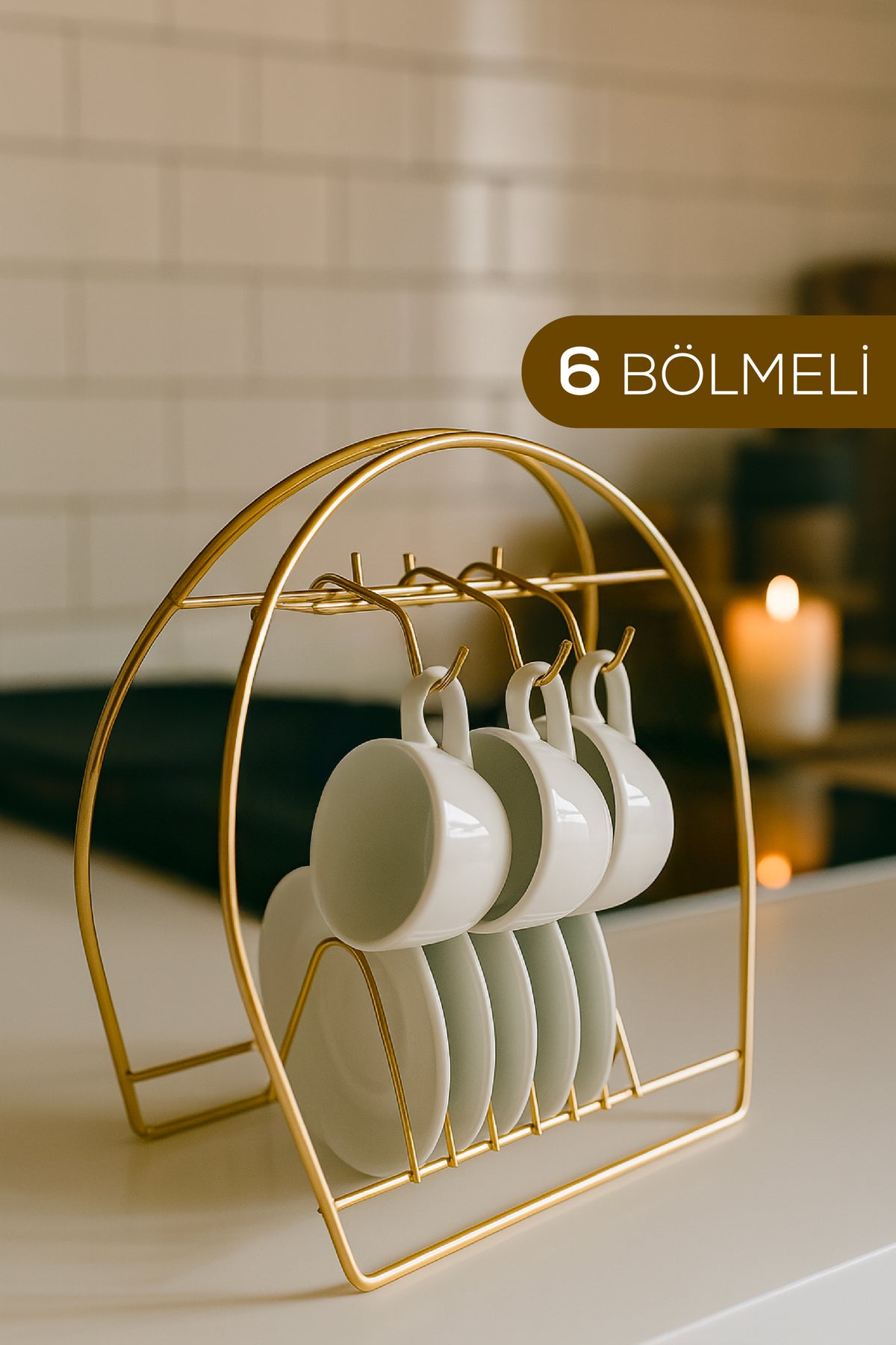 Metal Fincanlık ve Tabaklık Gold – 6'lı Kupa Standı | Mutfak Düzenleyici Organizer