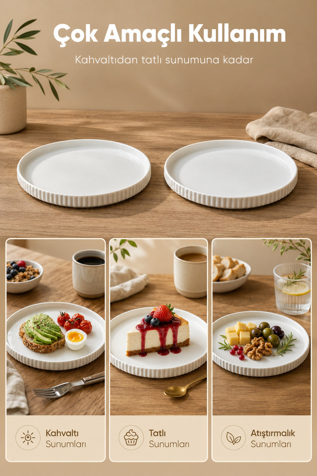 2 Parça 20 cm Porselen Servis Tabağı Seti - Modern Çizgili Yuvarlak Sunum Tabağı
