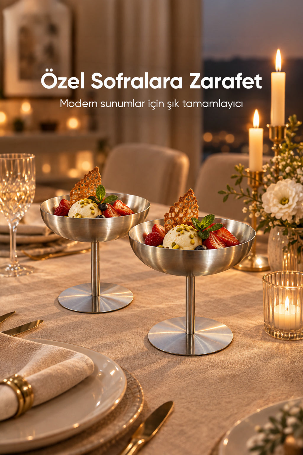 2'li 170 ml Paslanmaz Çelik Ayaklı Sunumluk Tatlı Dondurma Kasesi