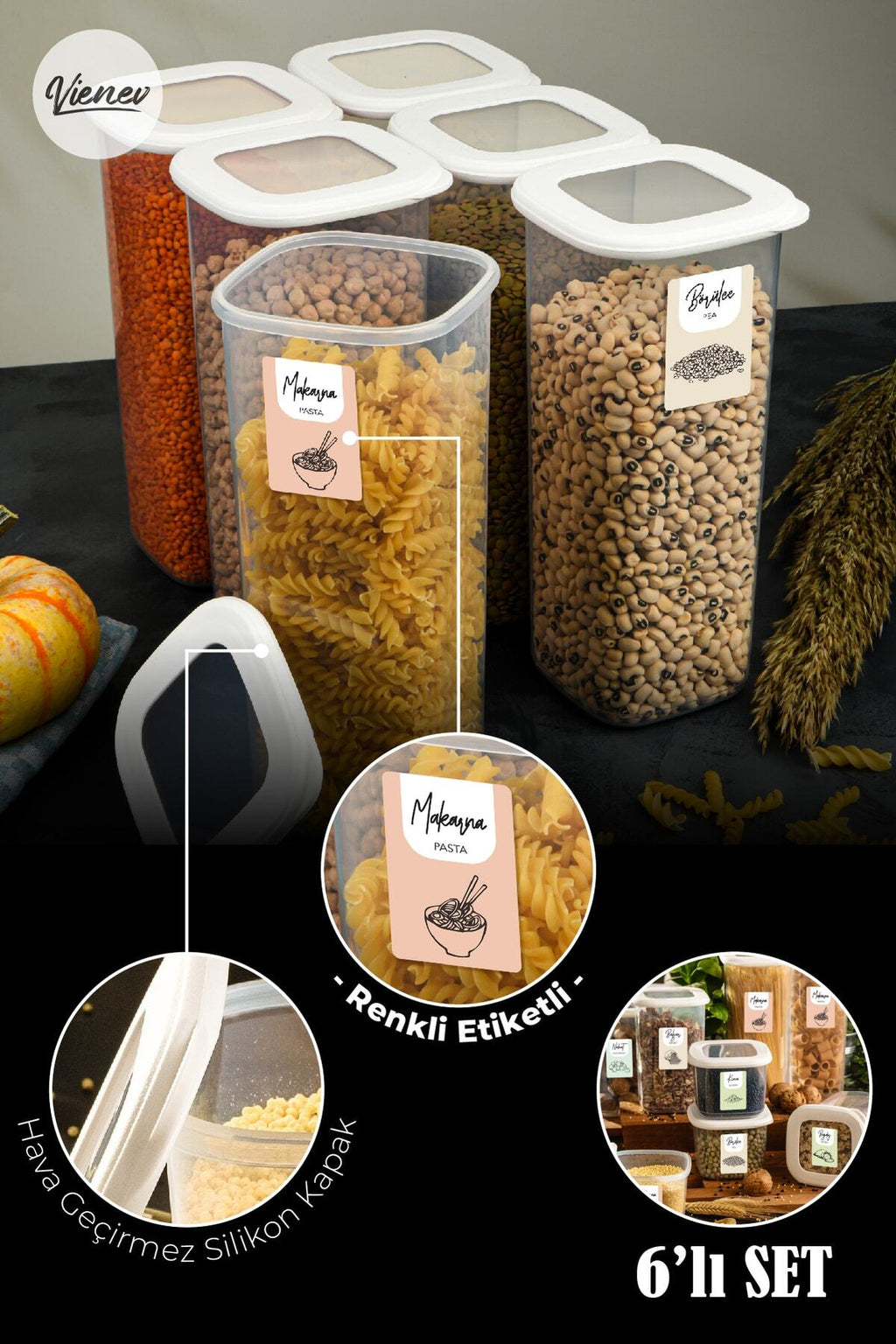 Renkli Etiketli Kare Erzak Saklama Kabı 6lı Set 1,75 Litre Beyaz