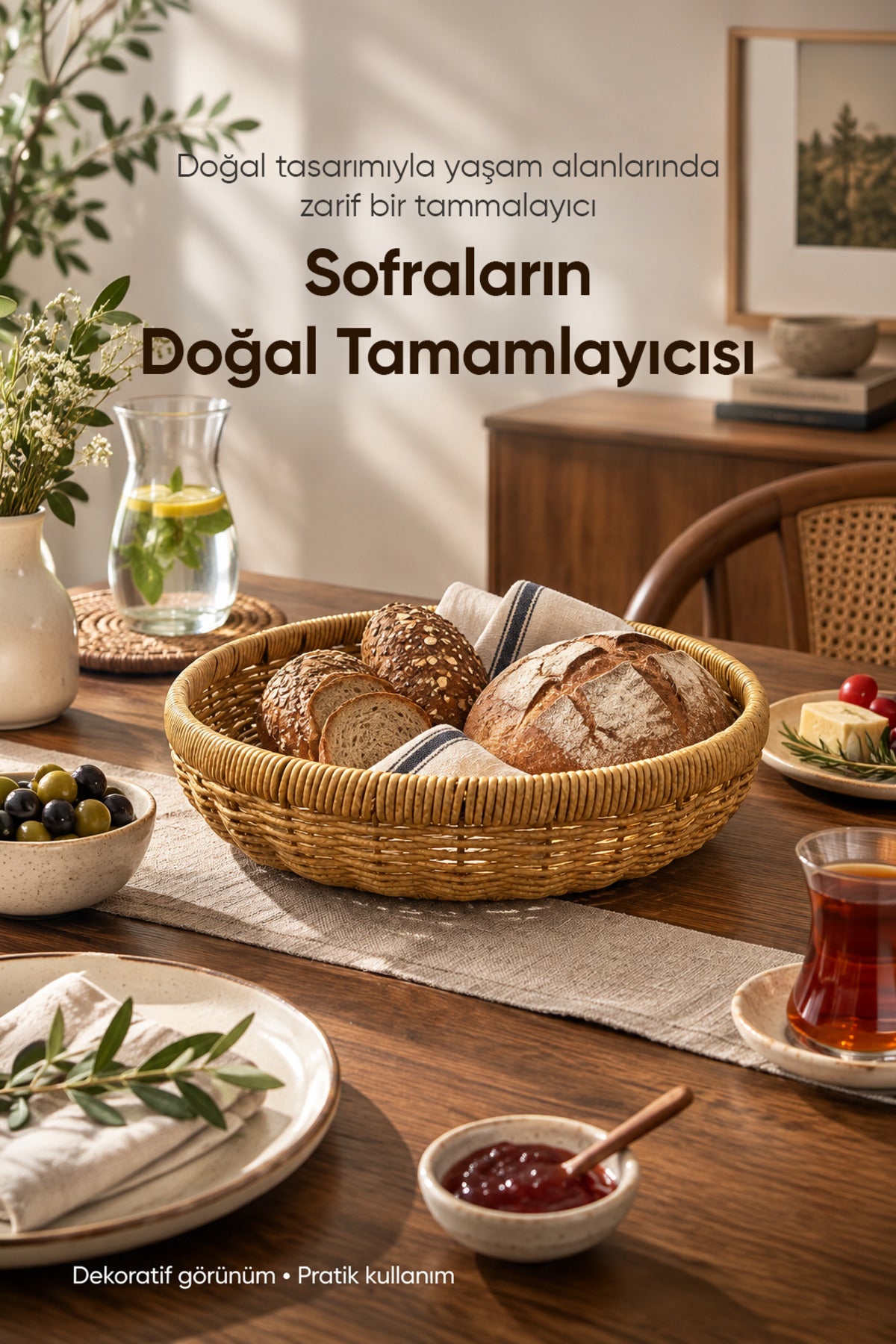 Yuvarlak Hasır Sepet Dekoratif Örgü Servis Sunum Ekmek Meyve Sepeti 31 cm Doğal Kahverengi Tasarım