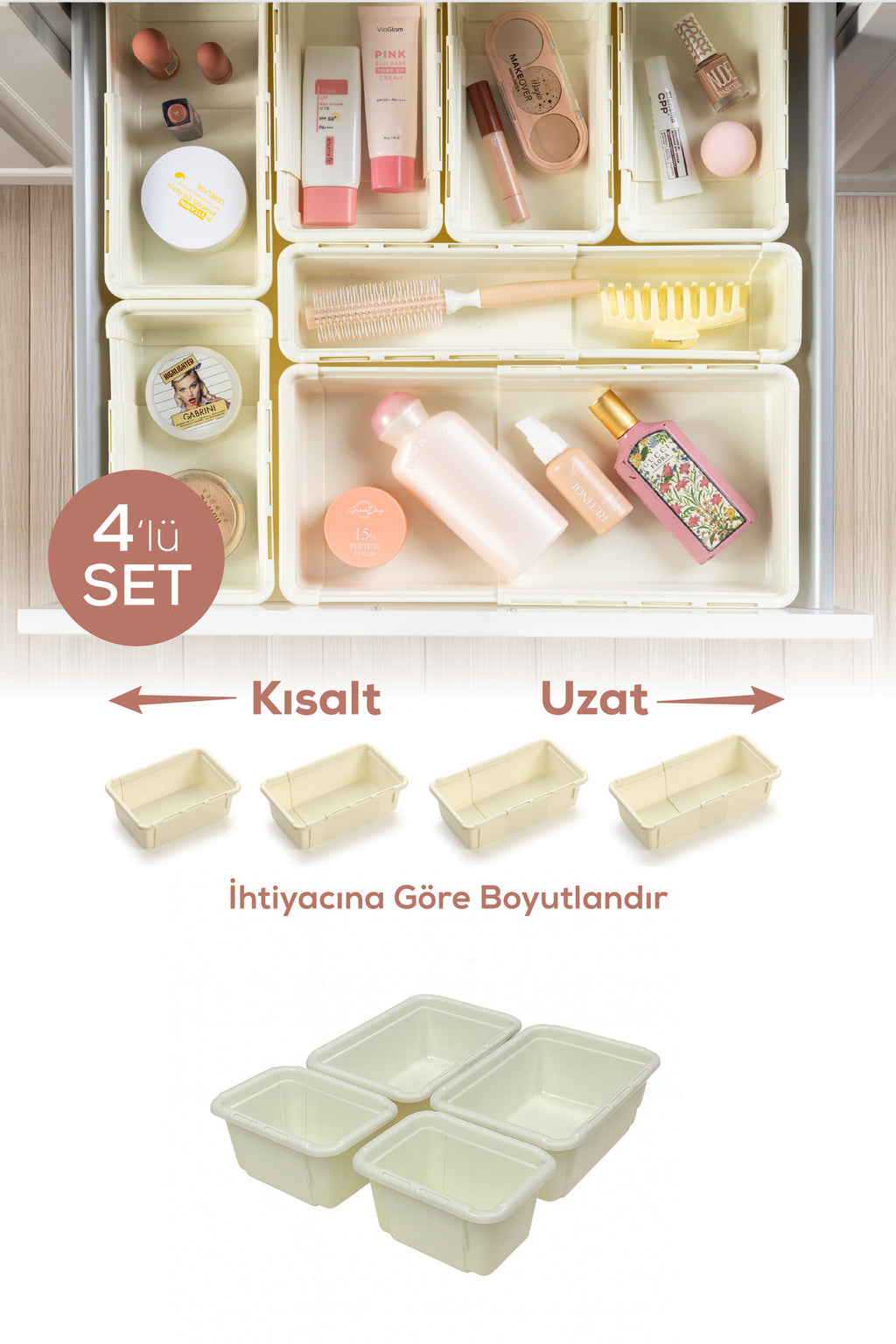 4'lü Set Ayarlanabilir Çekmece Içi Düzenleyici Kutu – Uzayıp Kısalabilen Organizer Seti (2A2B)