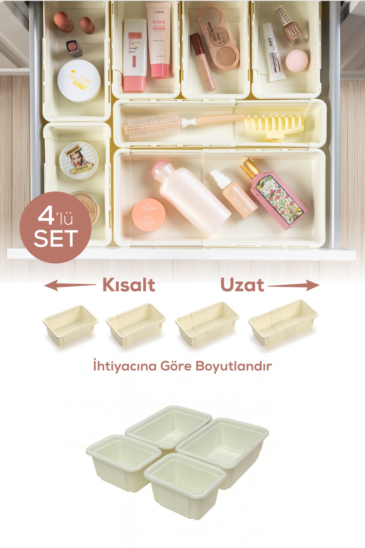 4'lü Set Ayarlanabilir Çekmece Içi Düzenleyici Kutu – Uzayıp Kısalabilen Organizer Seti (2A2B)