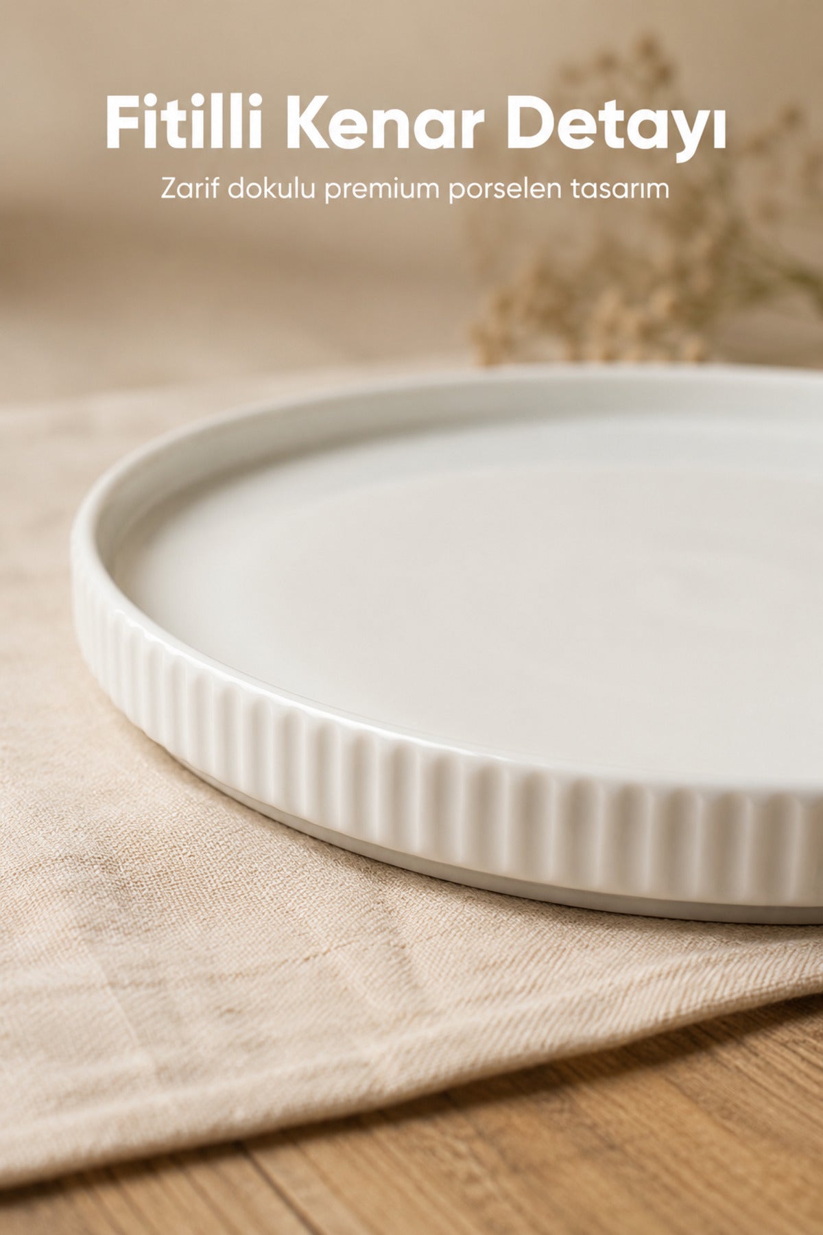 2 Parça 24 cm Porselen Servis Tabağı Seti - Modern Çizgili Yuvarlak Sunum Tabağı