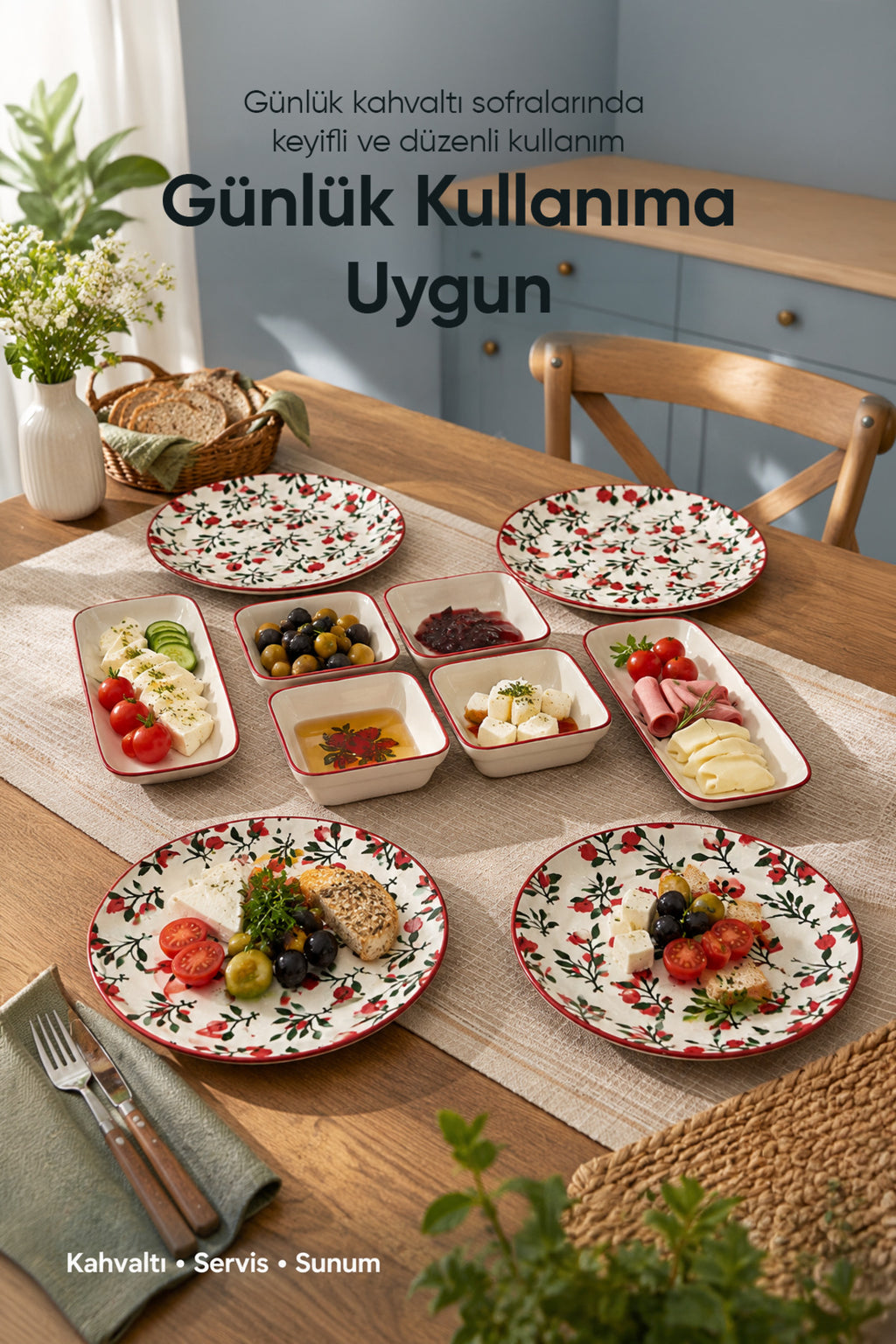 10 Parça Nar Model Seramik Kahvaltı Takımı - Sofra Servis Seti 4x(Yuvarlak Tabak - Kare Kase) 2x(Oval Peynirlik)