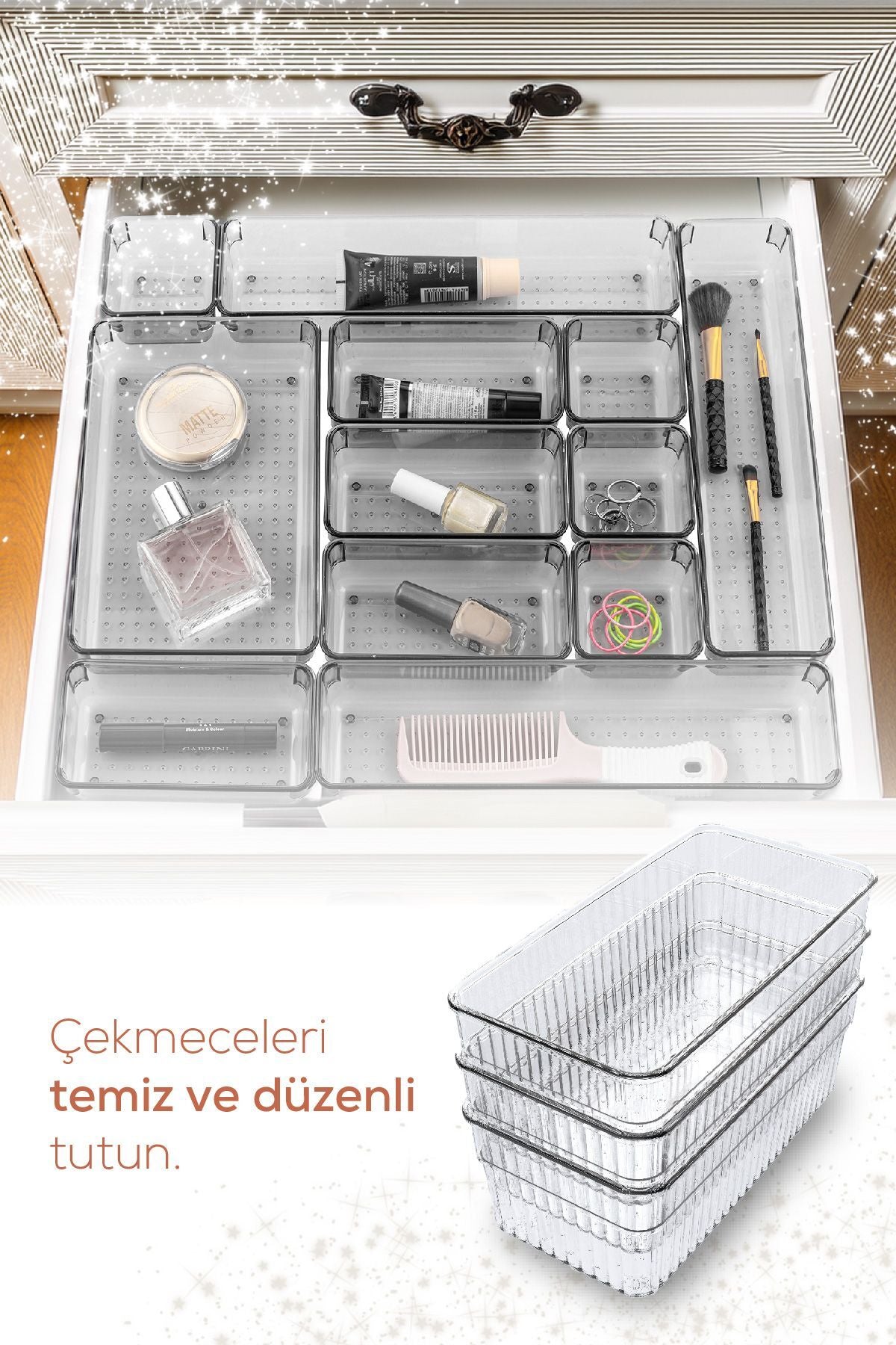 12'li Şeffaf Çekmece Içi Düzenleyici Organizer 3x(D.DKDRTGN) 4x(K.DKDRGN,K.KARE) 1x(O.DKDRGN)
