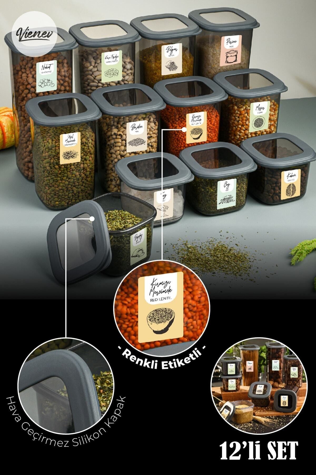Renkli Etiketli 12li Foly Kare Erzak Saklama Kabı 4x(0,55 Litre, 1,2 Litre, 1,75 Litre) Antrasit
