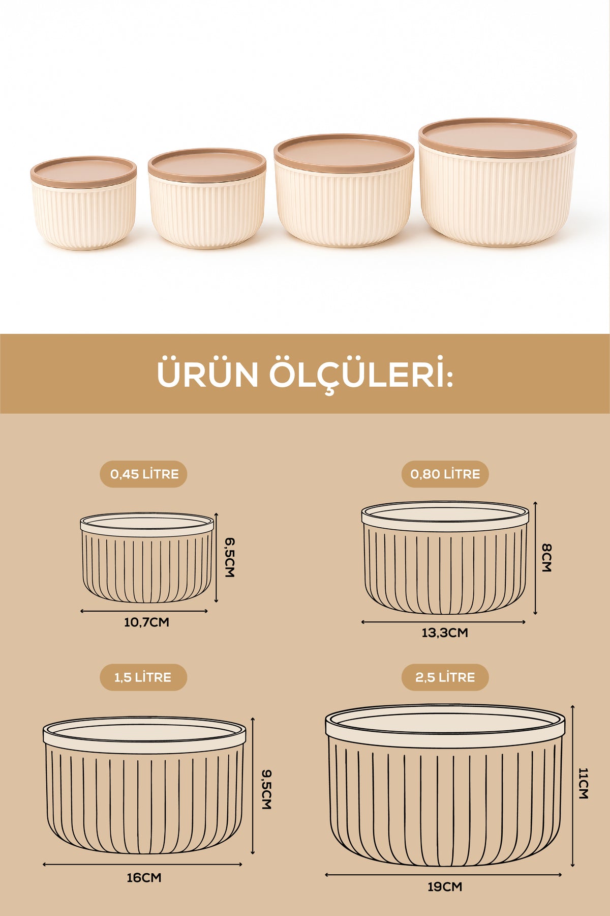 12'li Çizgili Yuvarlak Saklama Kabı Seti Bej